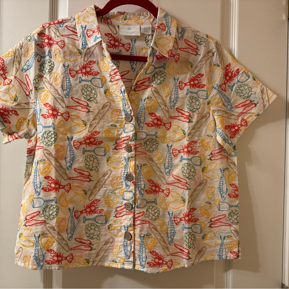 NWT Cynthia Rowley Embroidery Design Citrus and Seafood Print Shirt Size L